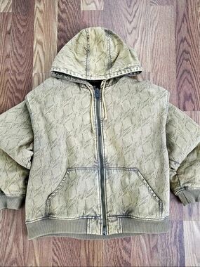 Unknown London Carrhart Style Monogram Zip-Up Hooded Jacket in Khaki